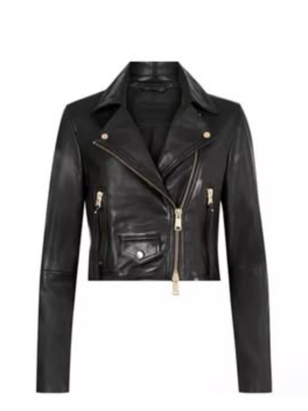 AllSaints Elora cropped Black Leather Moto jacket (Black/Gold) NWT size 4